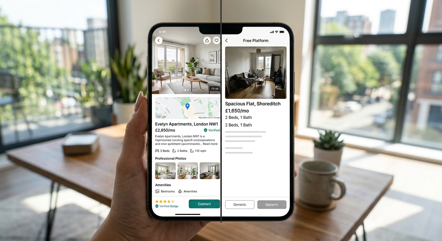 Split-screen composition comparing paid vs free property listing platforms on mobile device, clean modern aesthetic, bri