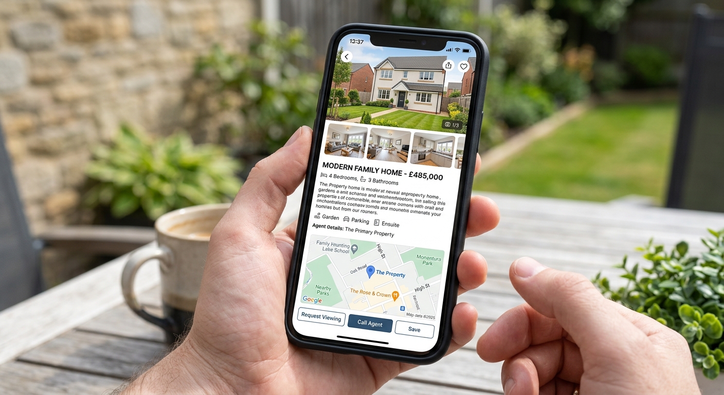 Close-up of a smartphone displaying a detailed property page with photos and location map, sharp focus, bright daylight,