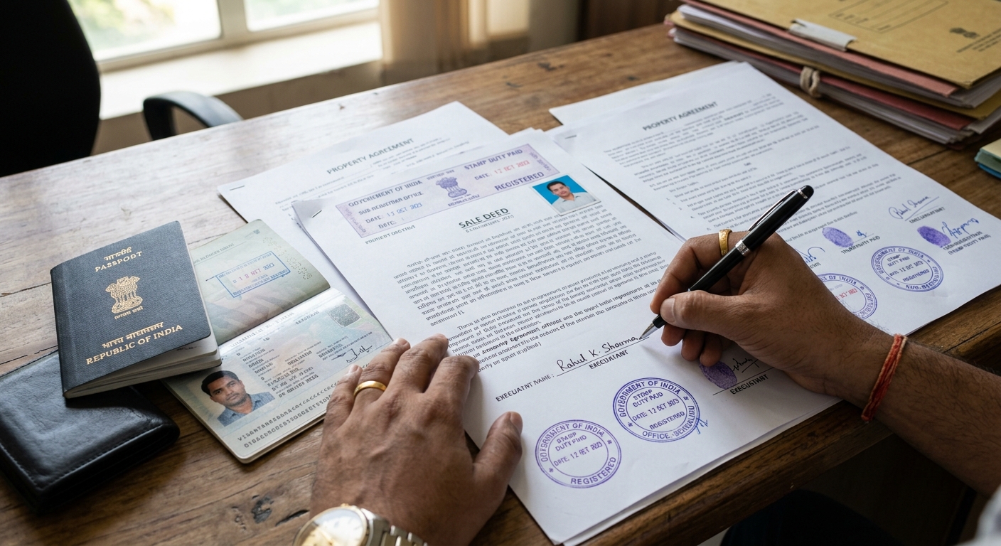 Close-up of Indian property documents spread on desk with passport, pen signing agreement, official stamps visible, natu