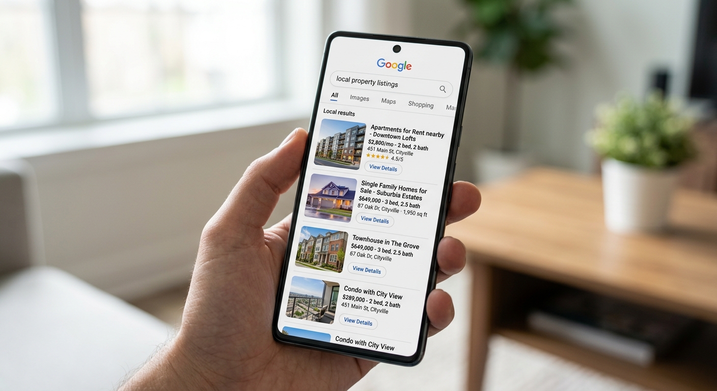 Smartphone screen showing Google search results for local property listings, close-up, clean interface, search bar visib