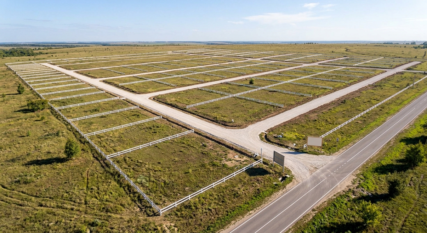 Approved residential plot layout with marked boundaries and road access, clean development zone, bright daylight, profes
