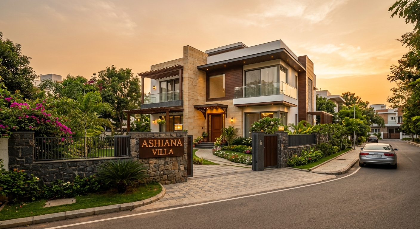 Modern Indian residential property exterior with clear signage, golden hour lighting, welcoming curb appeal