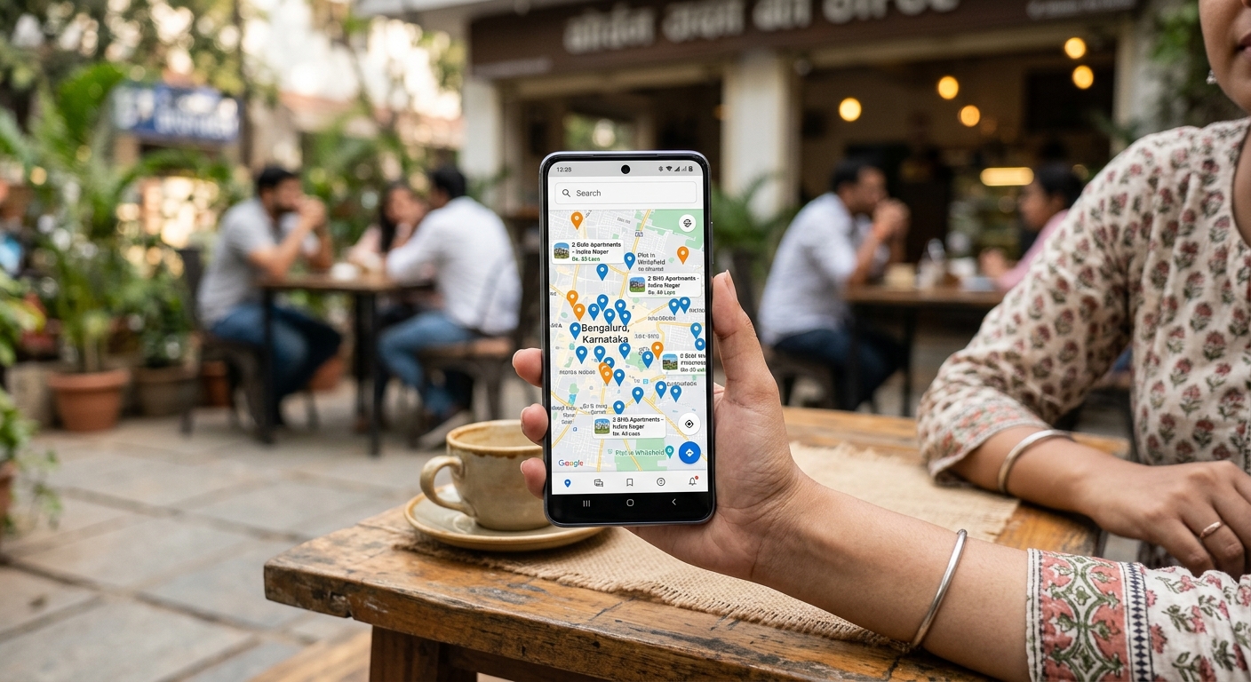Smartphone displaying property search results with Indian location pins on map, outdoor cafe setting, soft natural light