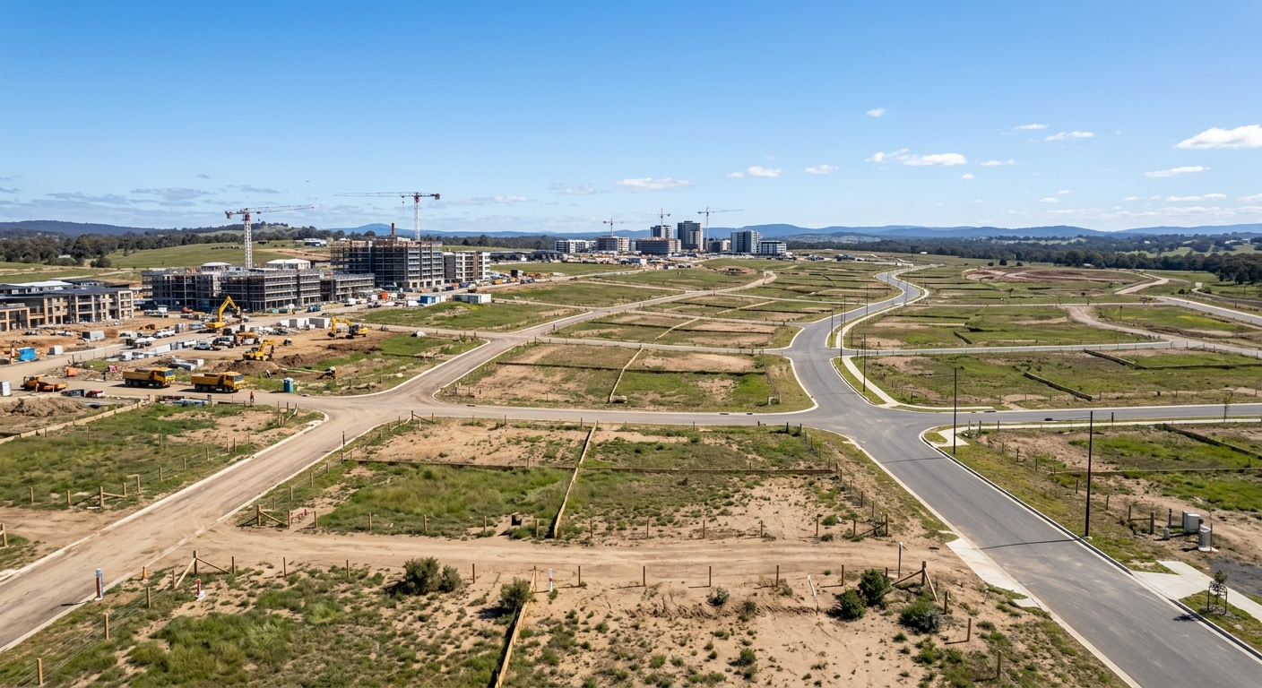 Wide landscape of emerging real estate zone with mix of empty plots and distant construction, clear sky, investment oppo