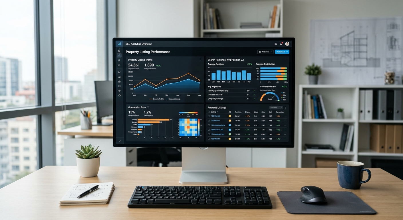 Modern SEO dashboard displaying property listing analytics with traffic graphs and search ranking metrics, clean workspa