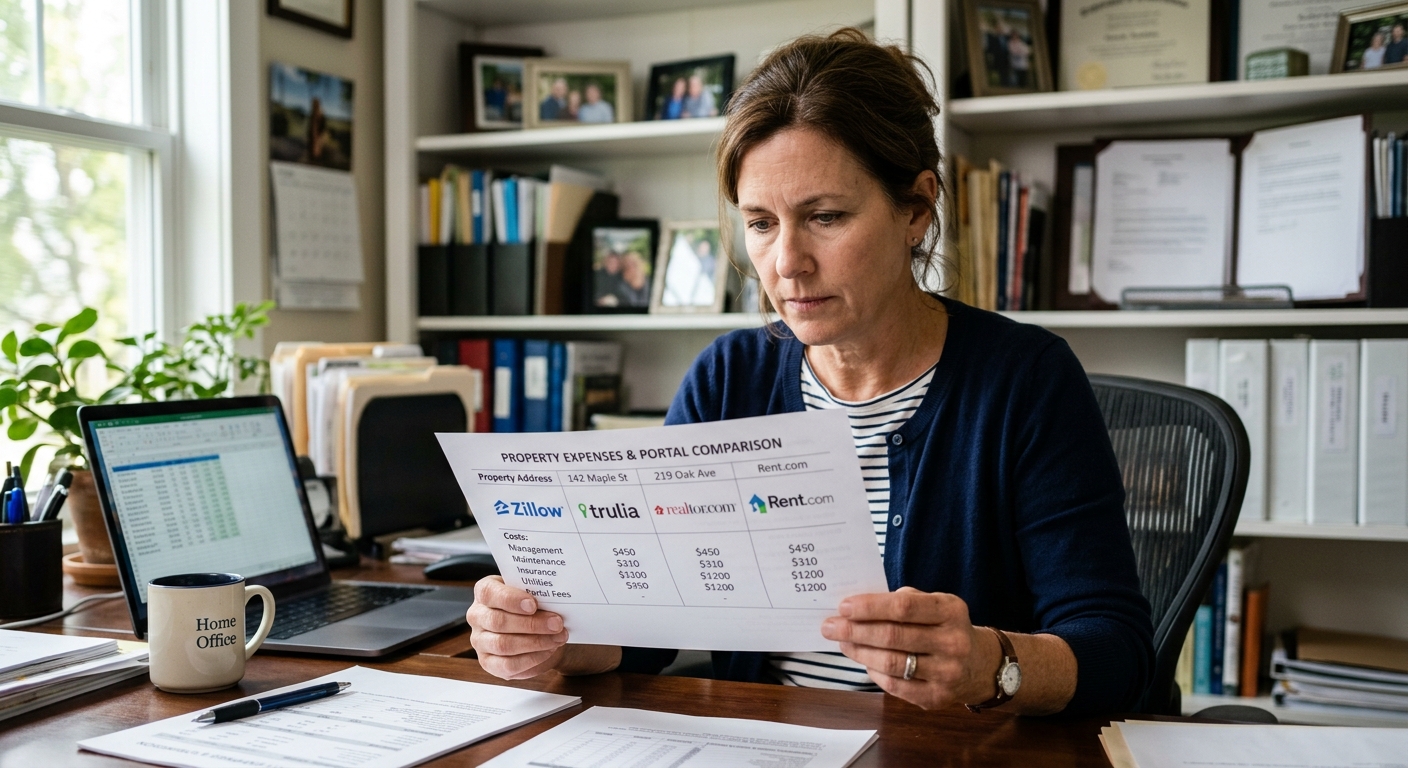 Property owner holding cost comparison sheet with portal logos visible, home office setting, focused expression, documen