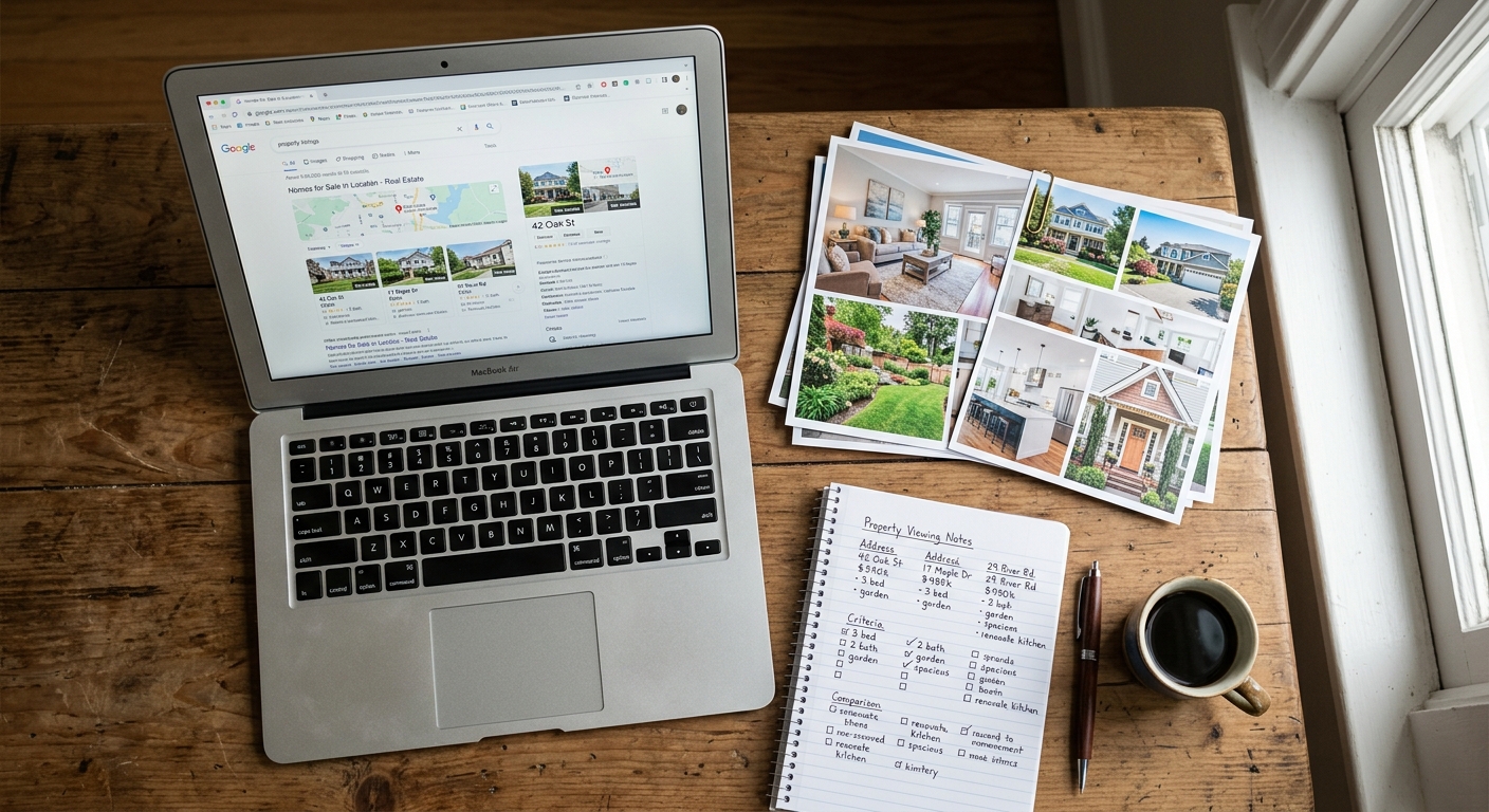 Overhead shot of property photos, handwritten notes, and a laptop showing Google search results for property listings, o