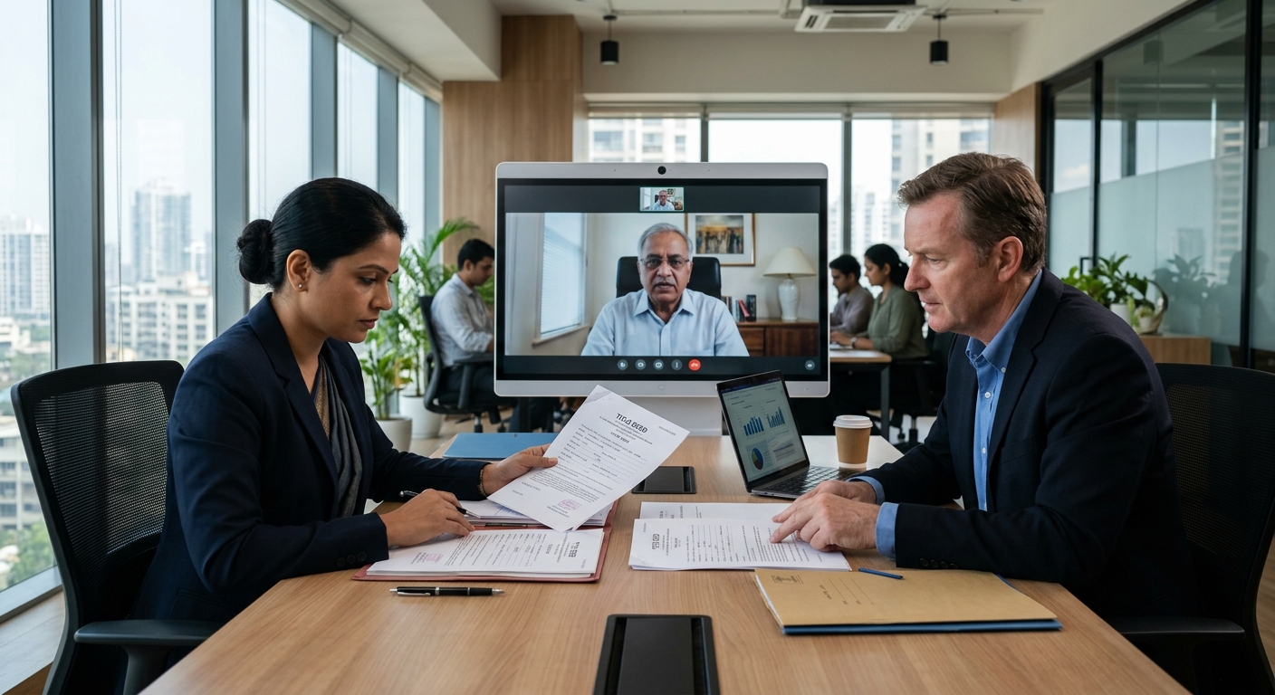 Indian lawyer and overseas client reviewing title deed documents together in modern office, video call screen showing re