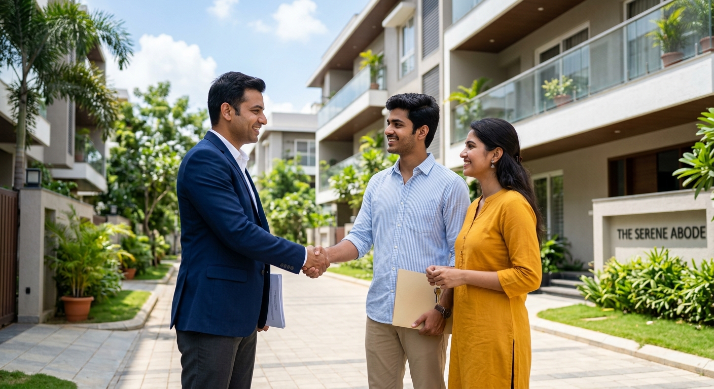 Indian real estate professional shaking hands with young couple in front of residential property, bright daylight, trust
