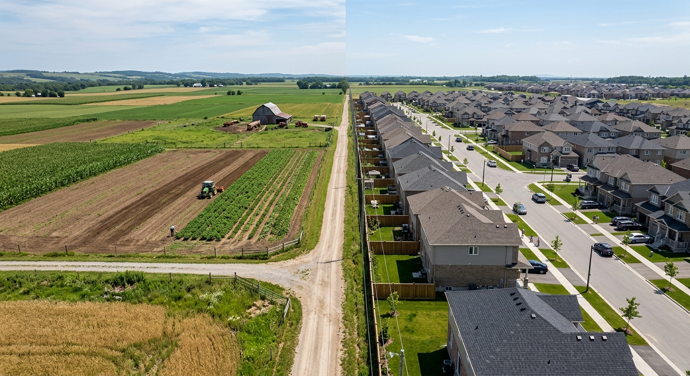 Comparative split-screen view showing farmland on one side and residential plots on the other, clear visual contrast, do