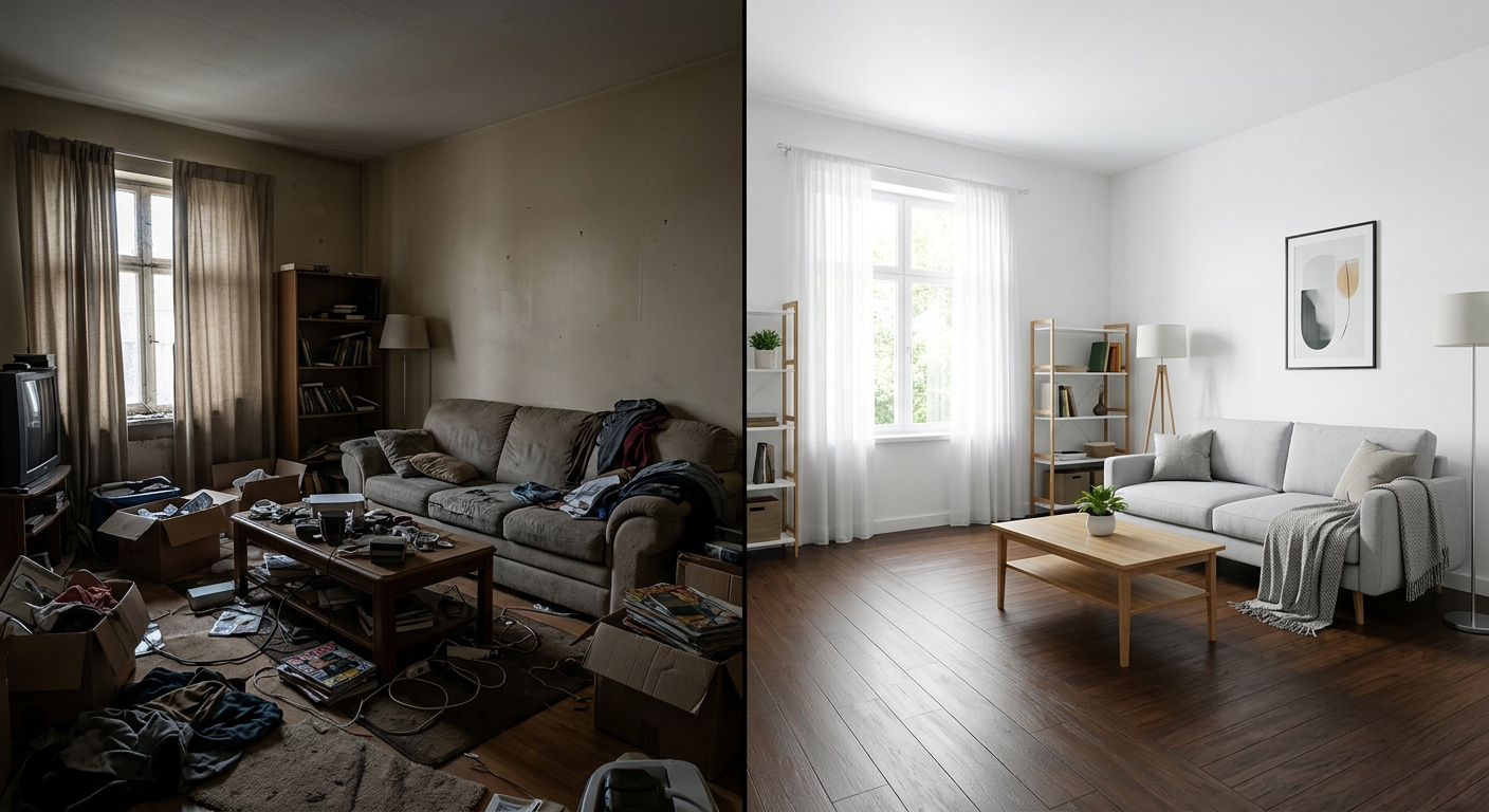 Before and after split view of property photos, left side dark and cluttered, right side bright and clean, clear visual