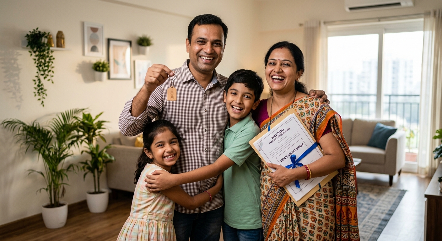 Happy Indian family holding house keys and documents, soft indoor lighting, genuine relieved expressions