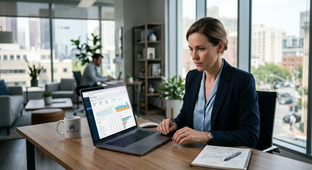 Real estate professional reviewing organic search analytics dashboard on laptop in modern office, natural window lightin
