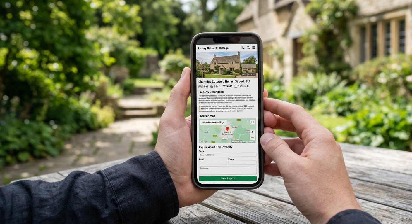Close-up of property listing page on mobile screen showing rich SEO content, location map, and inquiry form, outdoor set