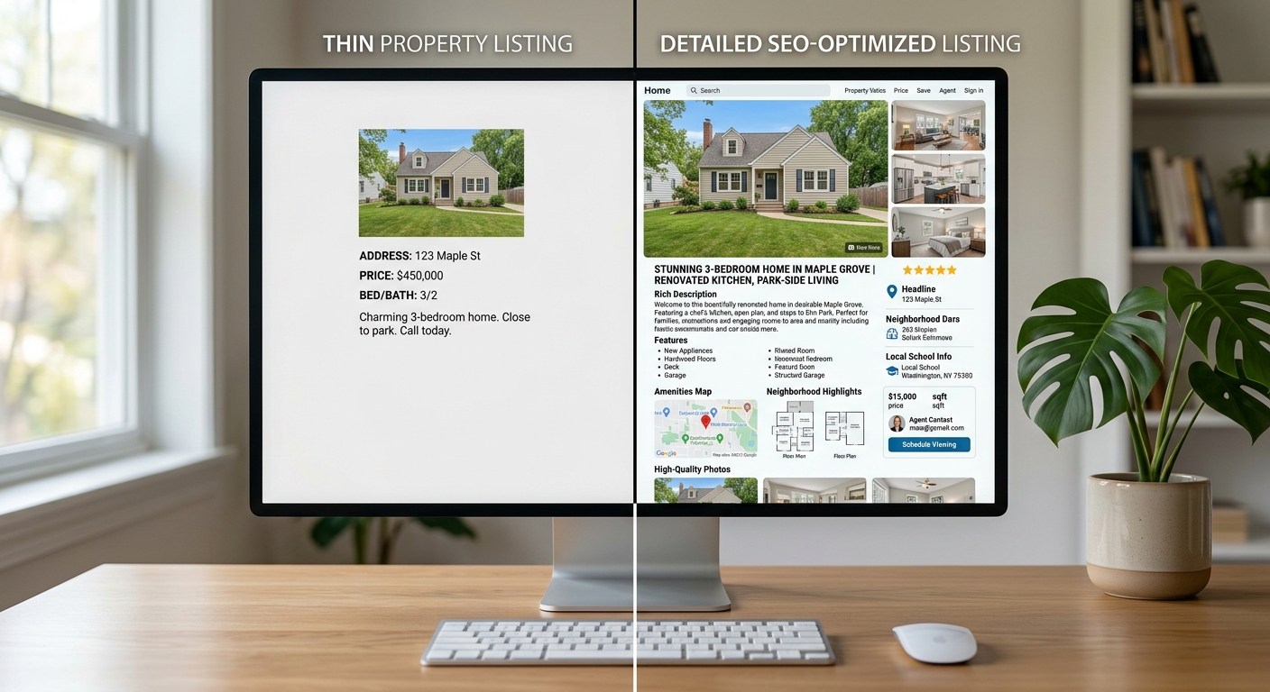 Split-screen comparison showing generic thin property listing versus detailed SEO-optimized listing with rich content an